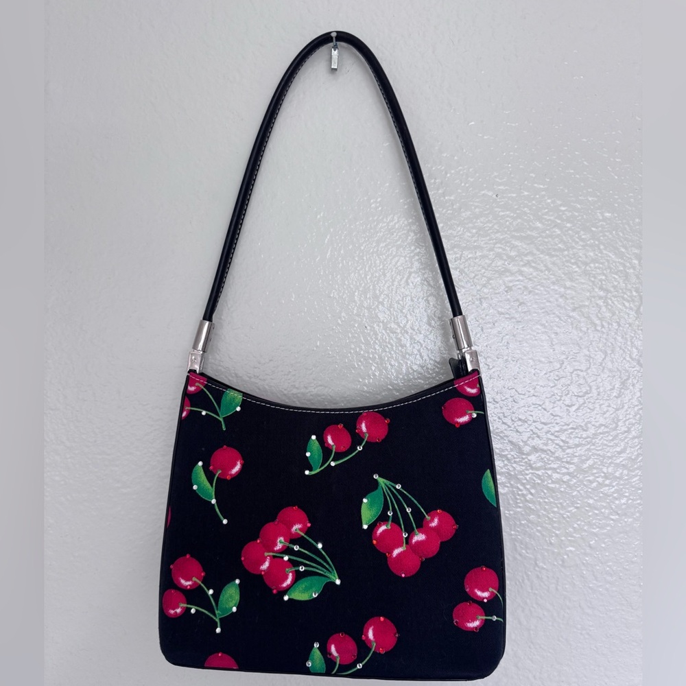 Cherry Print Canvas Shoulder Bag Faux Leather Handle trim Y2k Small Purse gems